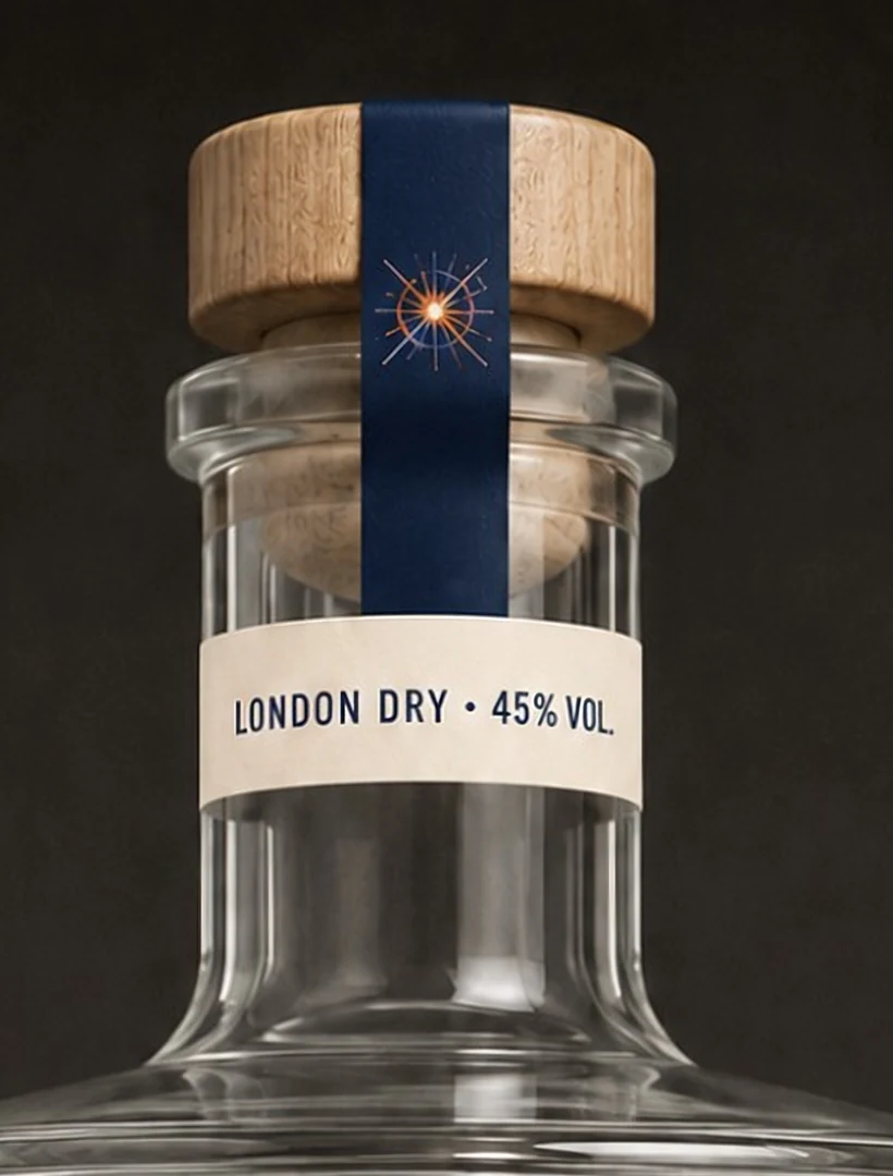 Detalhe do gargalo do Supernova Gin: rolha, selo e faixa London Dry 45% vol.